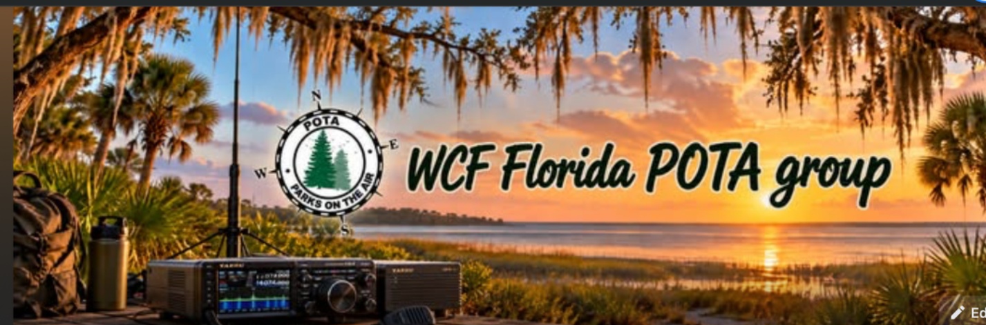 WCF Florida POTA Group banner: a portable radio beside a Florida lake at sunset, framed by palms and Spanish moss